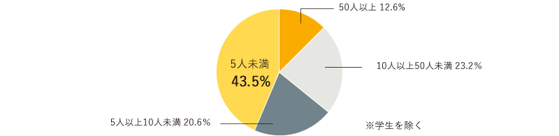 5人未満43.5%　5人以上10人未満 20.6％　10人以上50人未満 23.2％　50人以上 12.6%